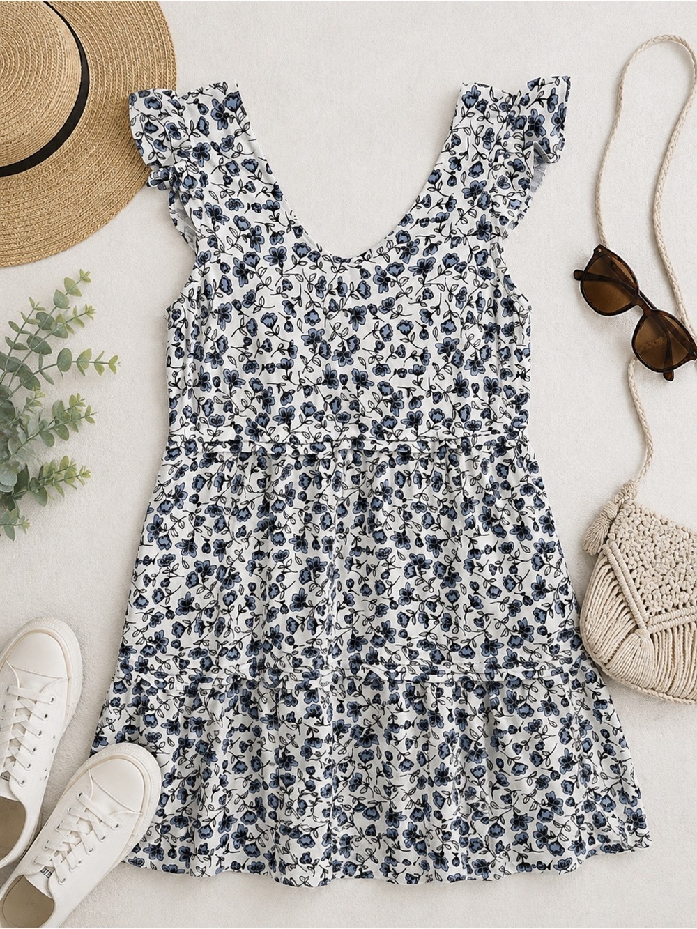 Lucky Brand Dress Womens XS Blue & White Floral Tiered Fit & Flare Mini